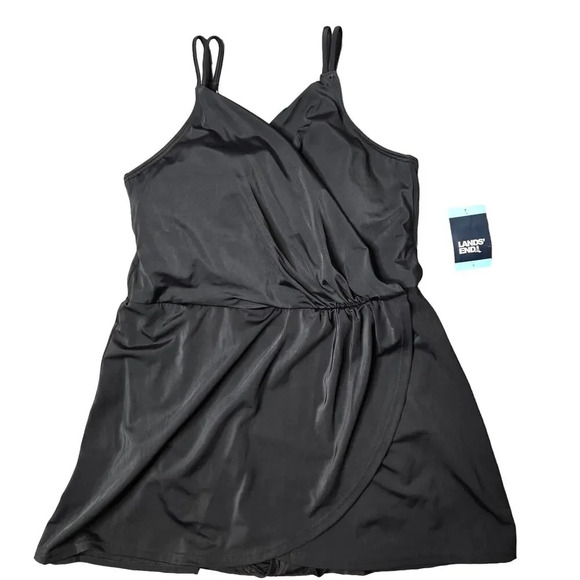 Lands' End Black One-Piece Tulip Wrap Swim Dress - Picture 1 of 5
